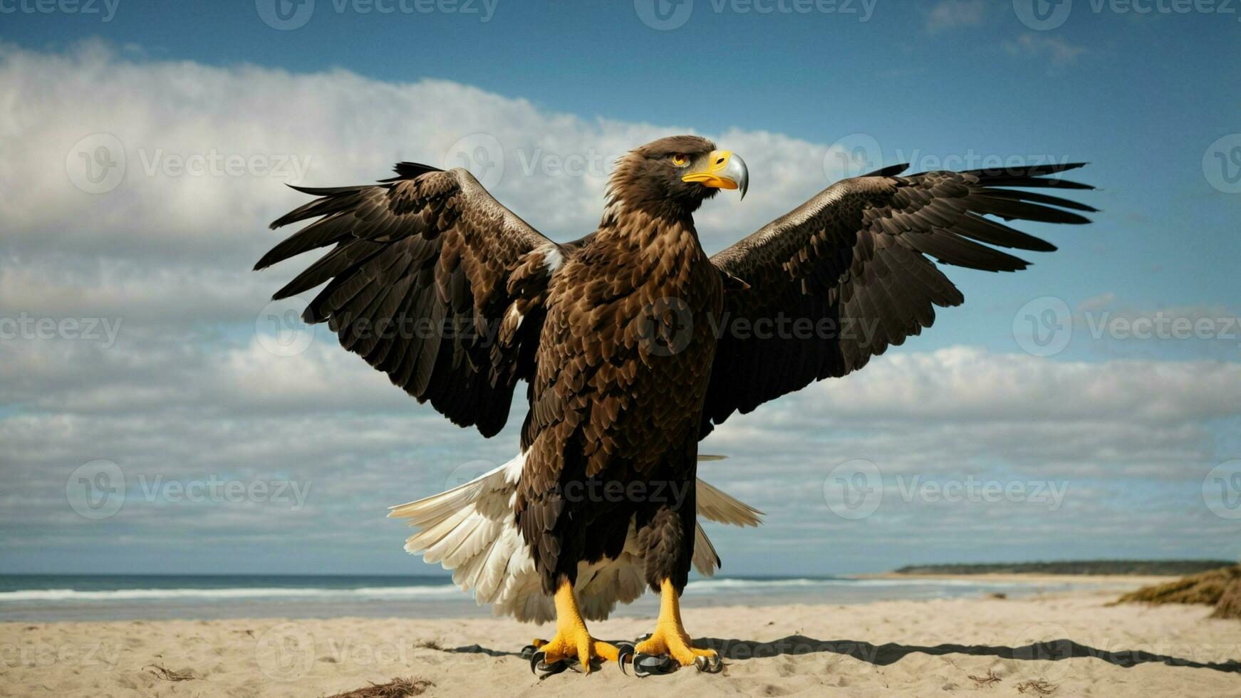 A beautiful summer day with blue sky and a lone Steller's sea eagle over the beach AI Generative photo