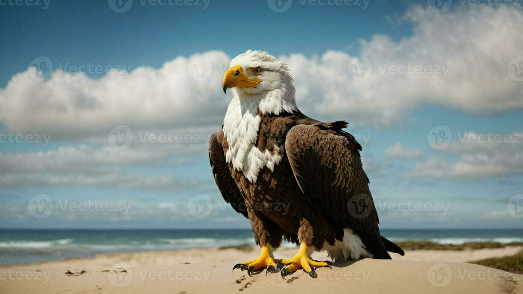 A beautiful summer day with blue sky and a lone Steller's sea eagle over the beach AI Generative photo