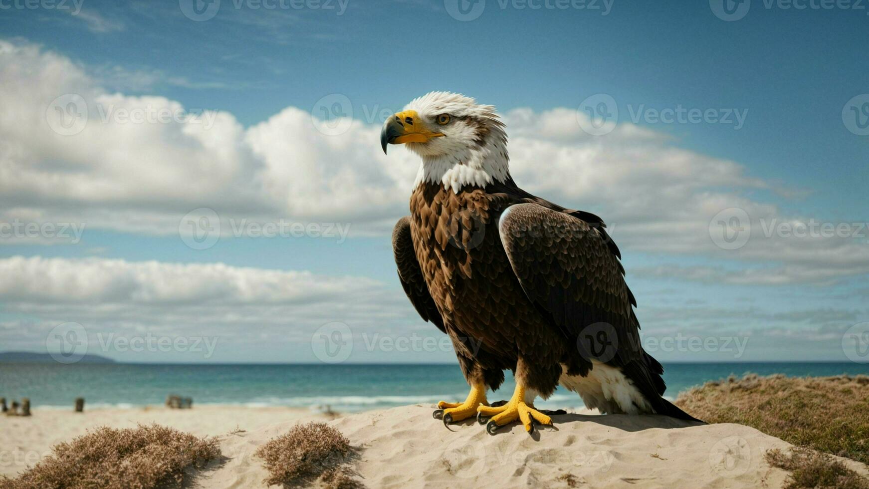 A beautiful summer day with blue sky and a lone Steller's sea eagle over the beach AI Generative photo
