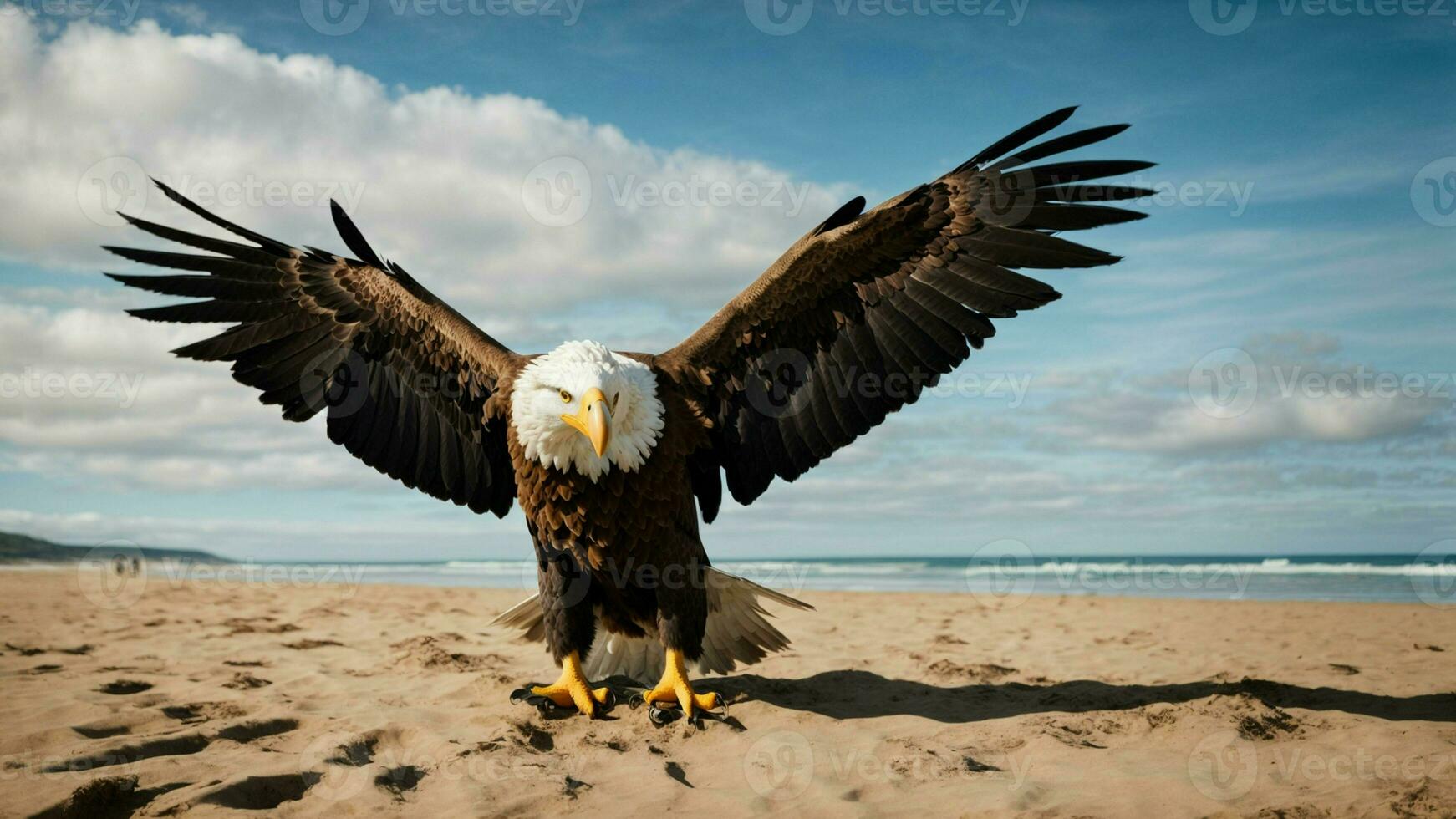 A beautiful summer day with blue sky and a lone Steller's sea eagle over the beach AI Generative photo