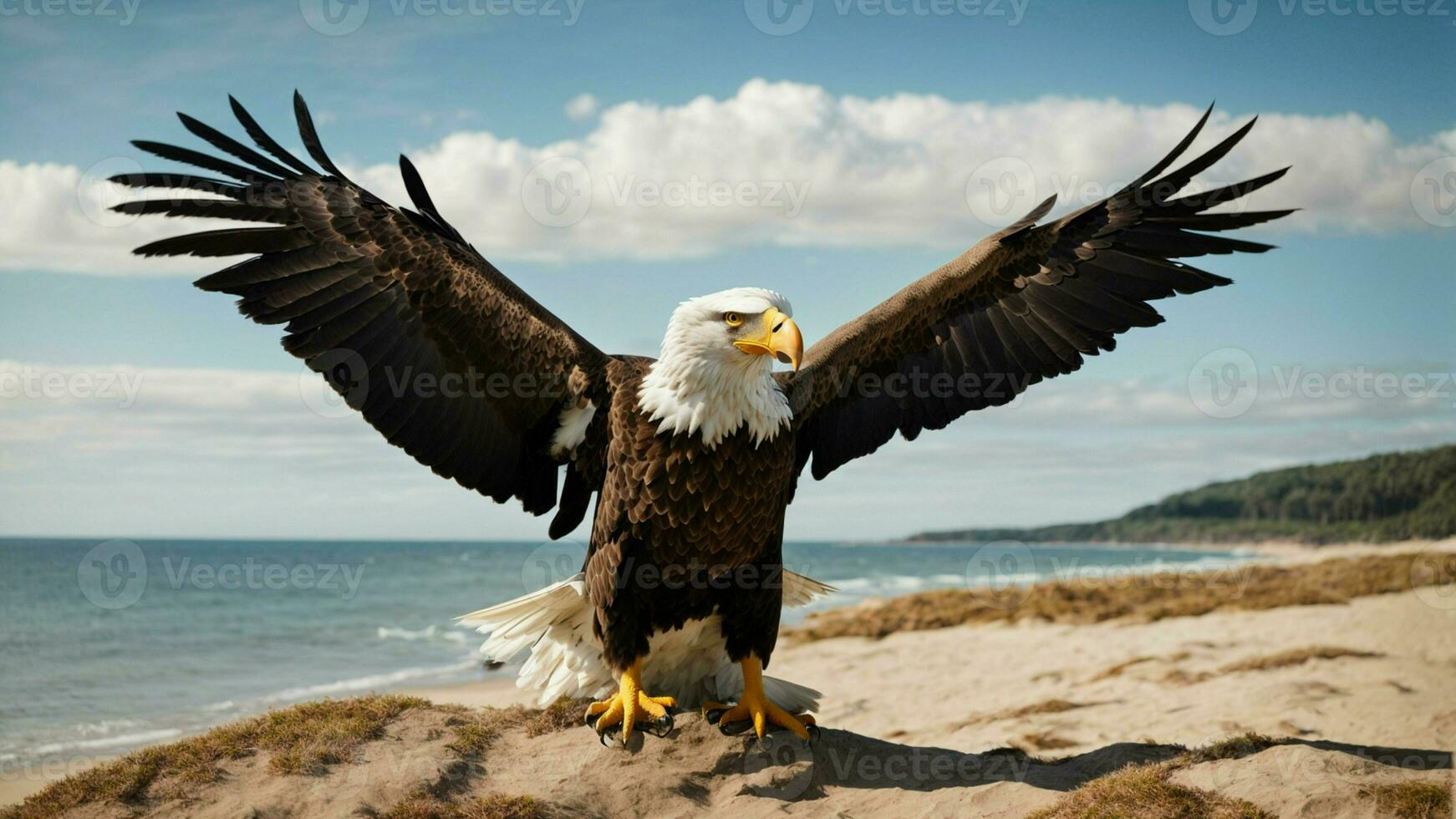A beautiful summer day with blue sky and a lone Steller's sea eagle over the beach AI Generative photo