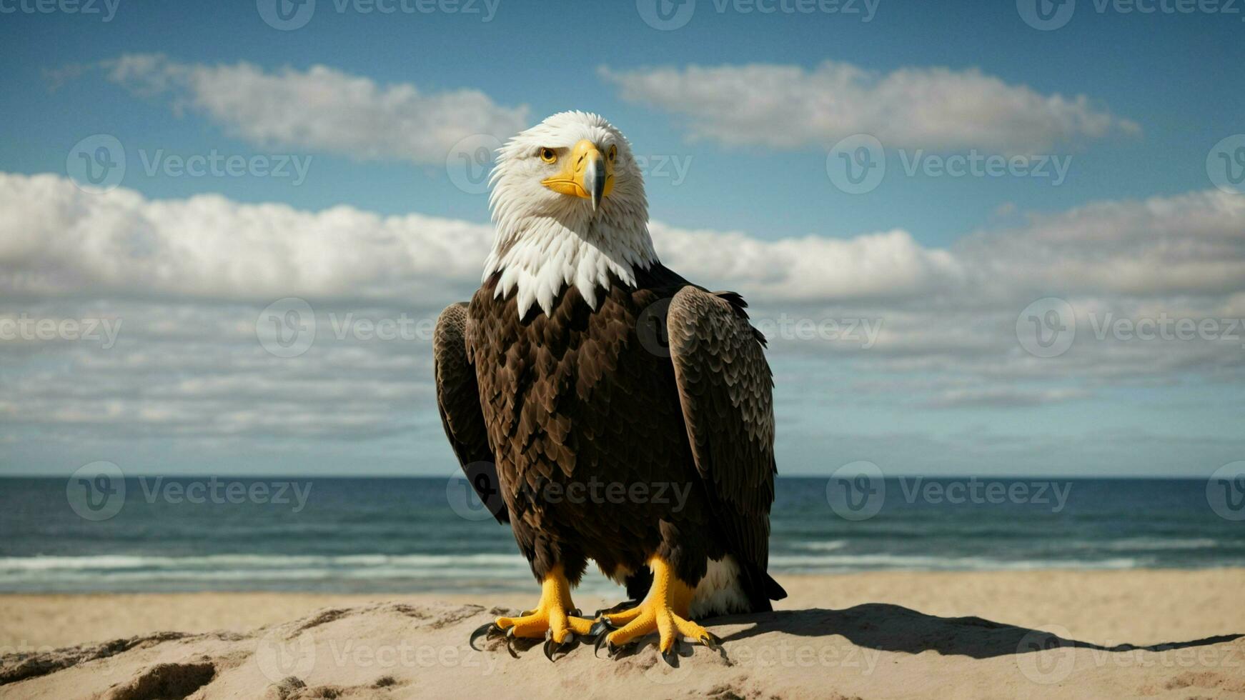 A beautiful summer day with blue sky and a lone Steller's sea eagle over the beach AI Generative photo