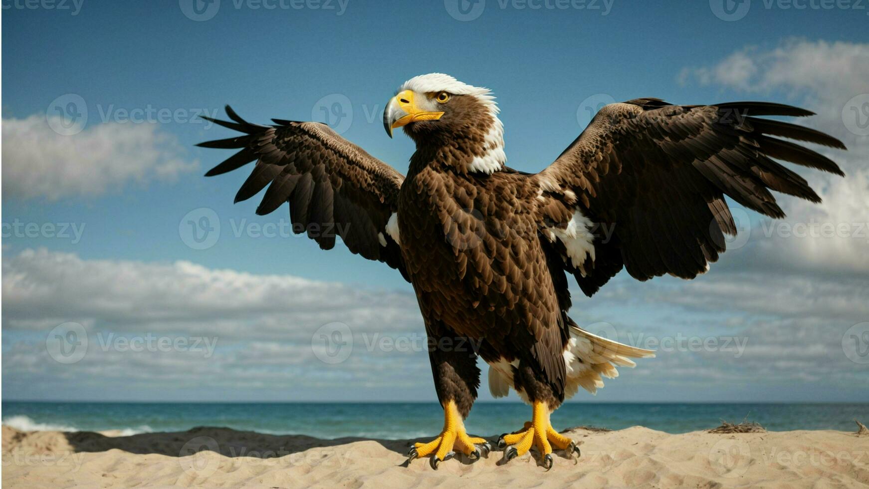 A beautiful summer day with blue sky and a lone Steller's sea eagle over the beach AI Generative photo