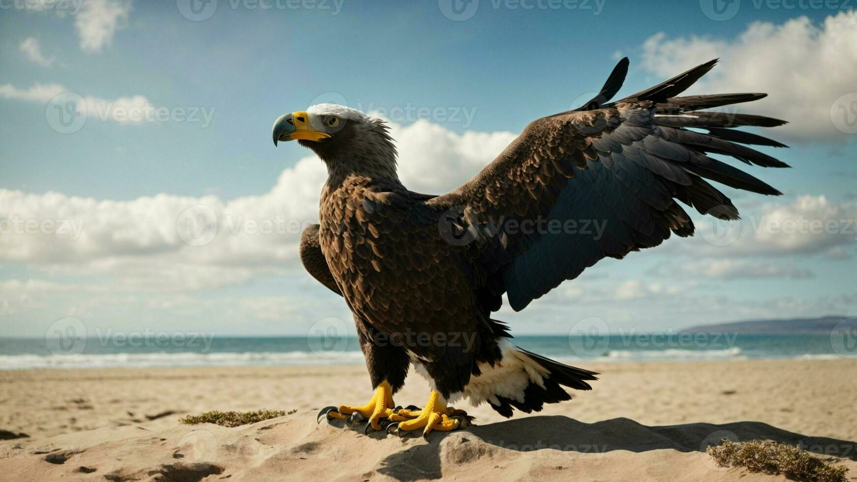 A beautiful summer day with blue sky and a lone Steller's sea eagle over the beach AI Generative photo