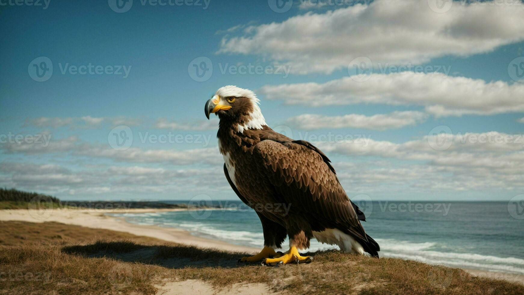 A beautiful summer day with blue sky and a lone Steller's sea eagle over the beach AI Generative photo