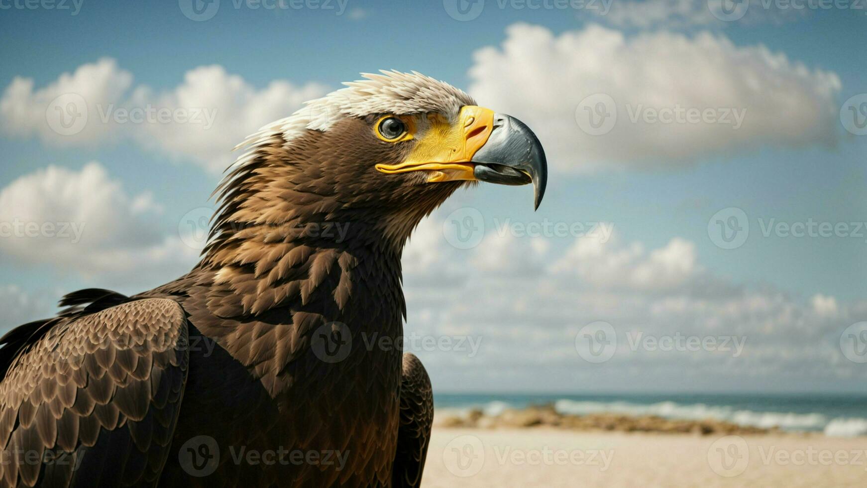 A beautiful summer day with blue sky and a lone Steller's sea eagle over the beach AI Generative photo