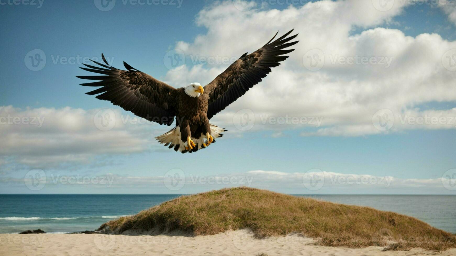 A beautiful summer day with blue sky and a lone Steller's sea eagle over the beach AI Generative photo