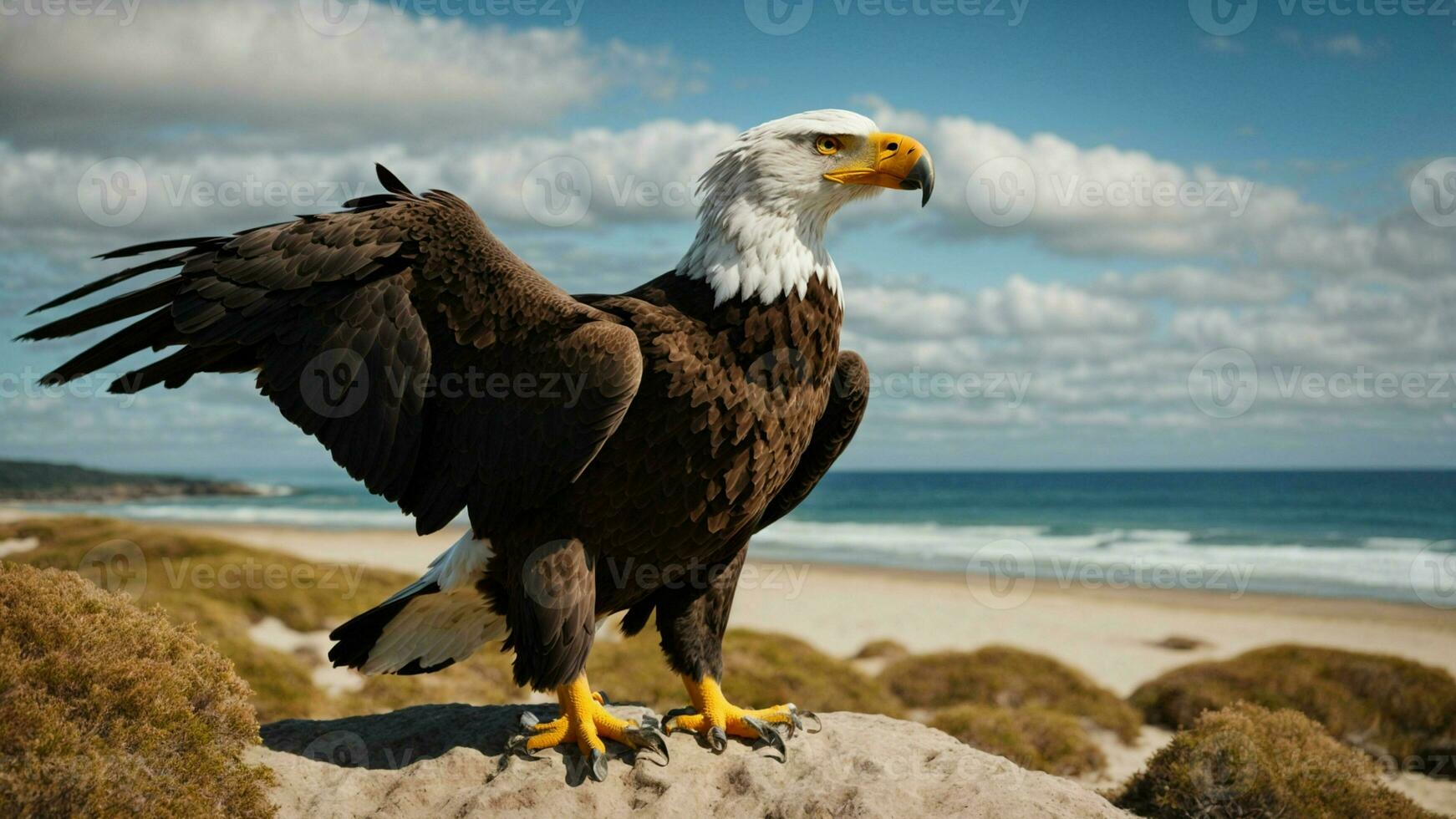 A beautiful summer day with blue sky and a lone Steller's sea eagle over the beach AI Generative photo