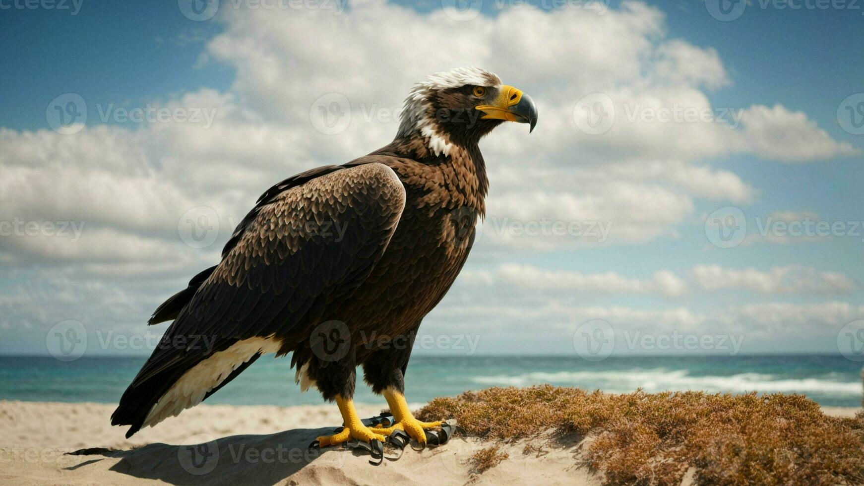 A beautiful summer day with blue sky and a lone Steller's sea eagle over the beach AI Generative photo