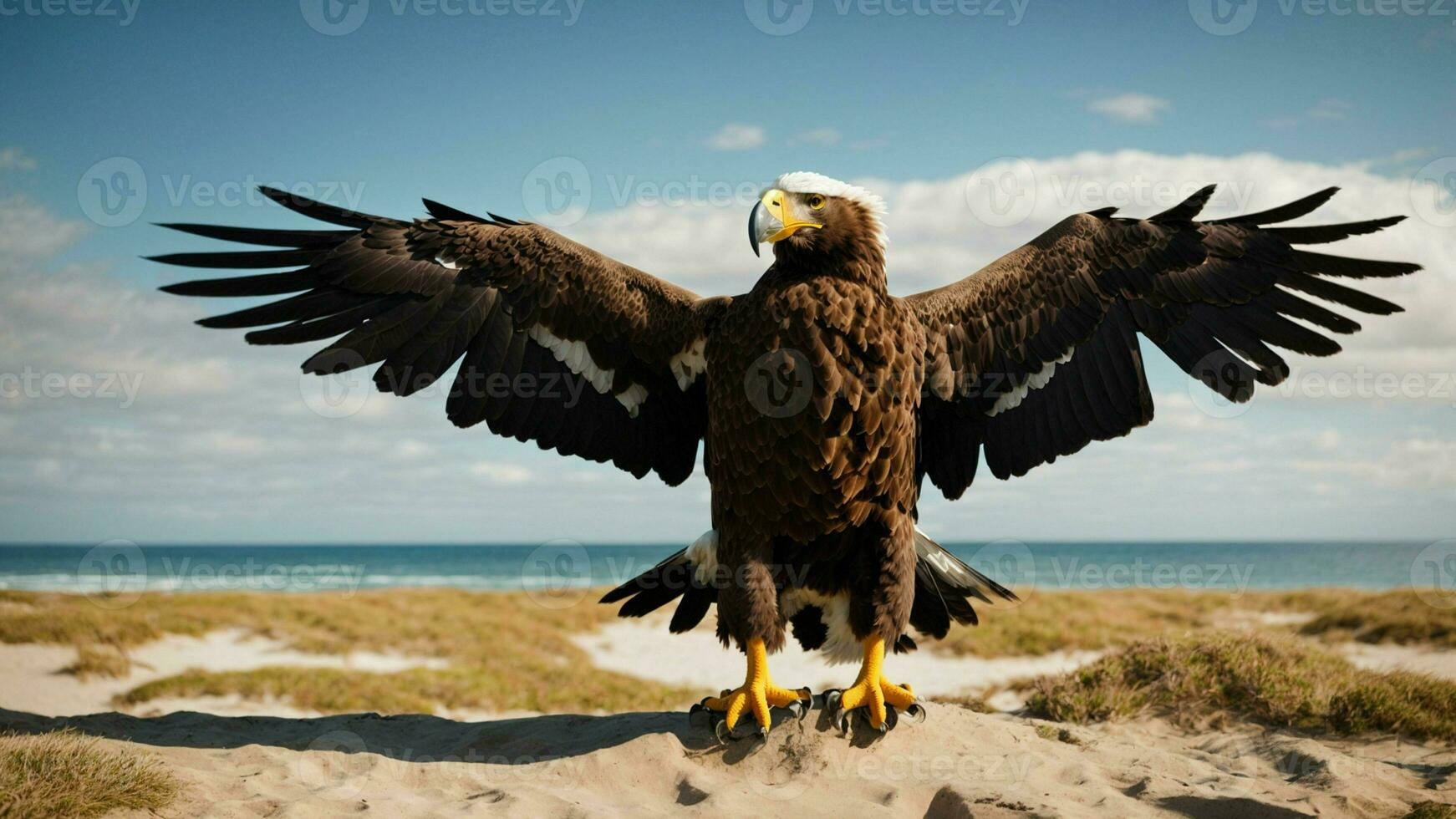 un hermosa verano día con azul cielo y un solitario de Steller mar águila terminado el playa ai generativo foto