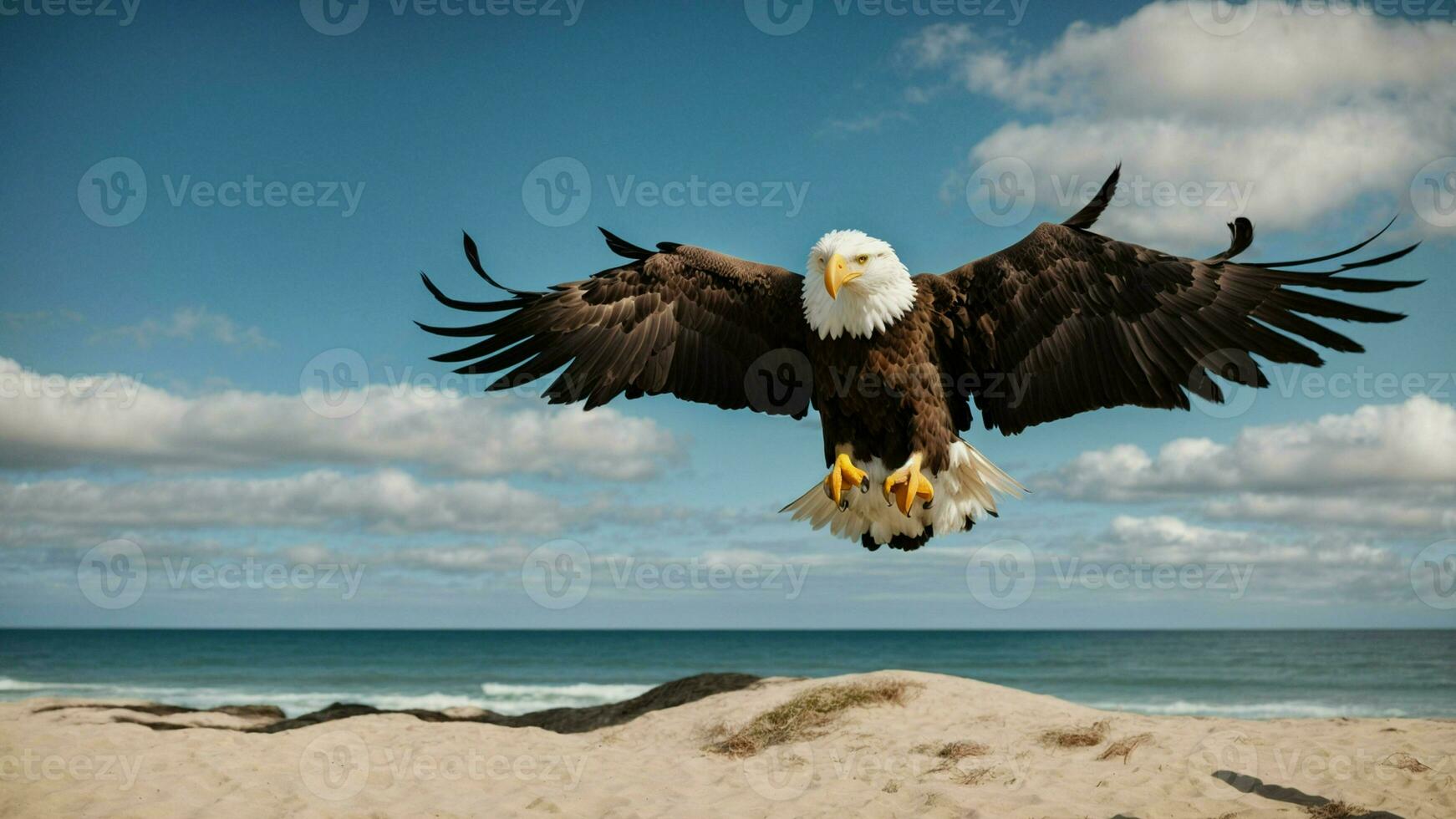 un hermosa verano día con azul cielo y un solitario de Steller mar águila terminado el playa ai generativo foto