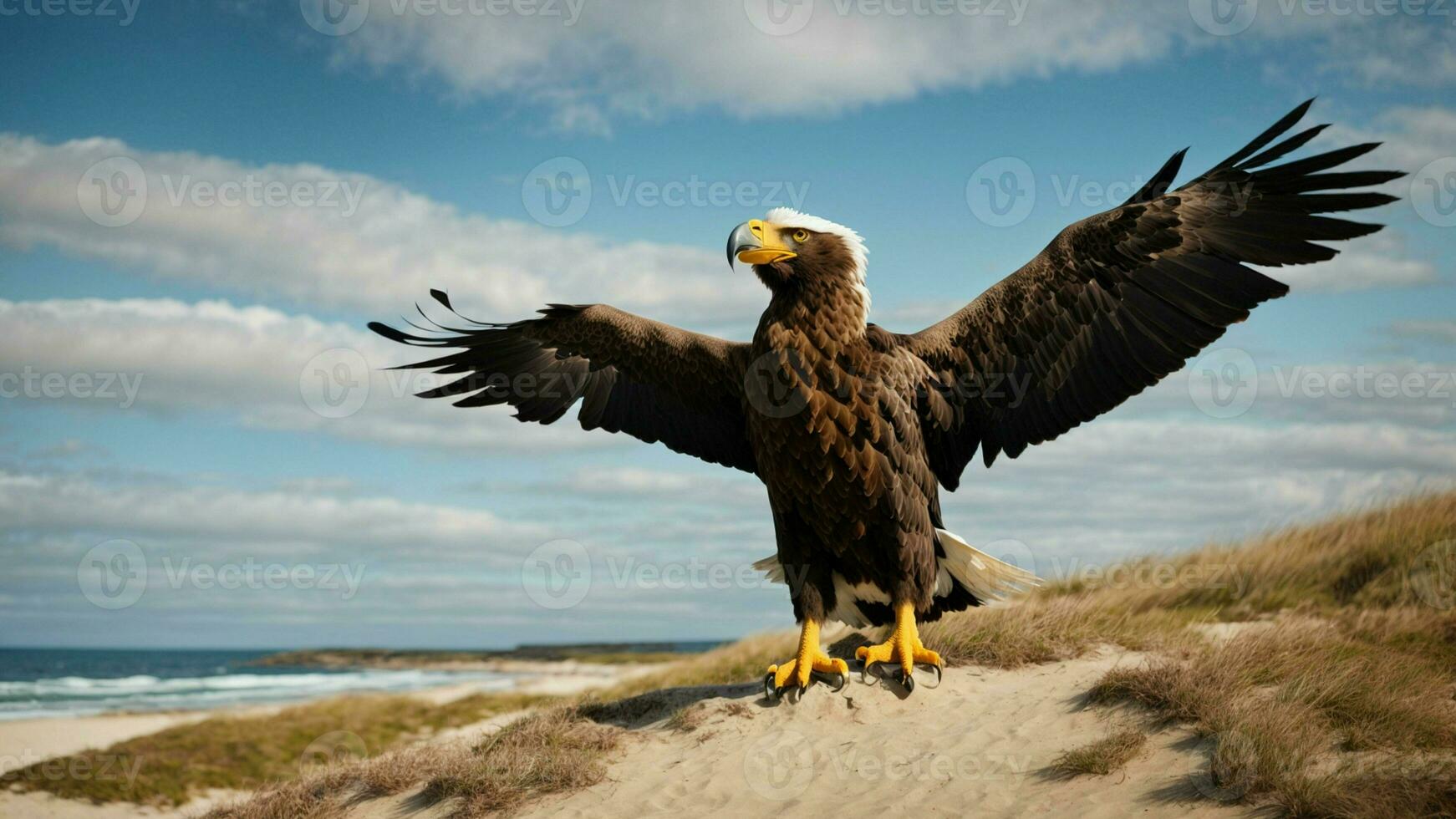 A beautiful summer day with blue sky and a lone Steller's sea eagle over the beach AI Generative photo