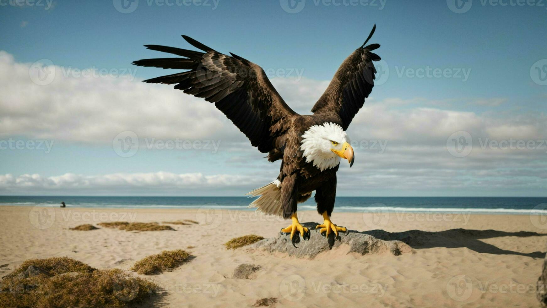 A beautiful summer day with blue sky and a lone Steller's sea eagle over the beach AI Generative photo