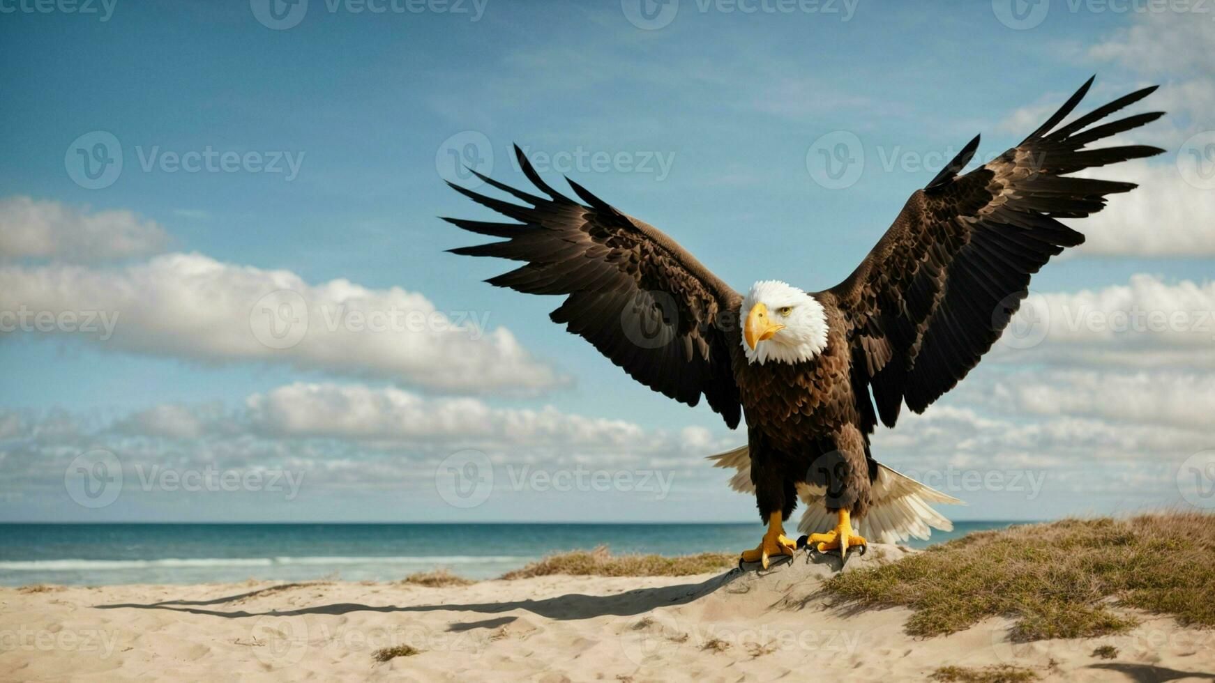 A beautiful summer day with blue sky and a lone Steller's sea eagle over the beach AI Generative photo