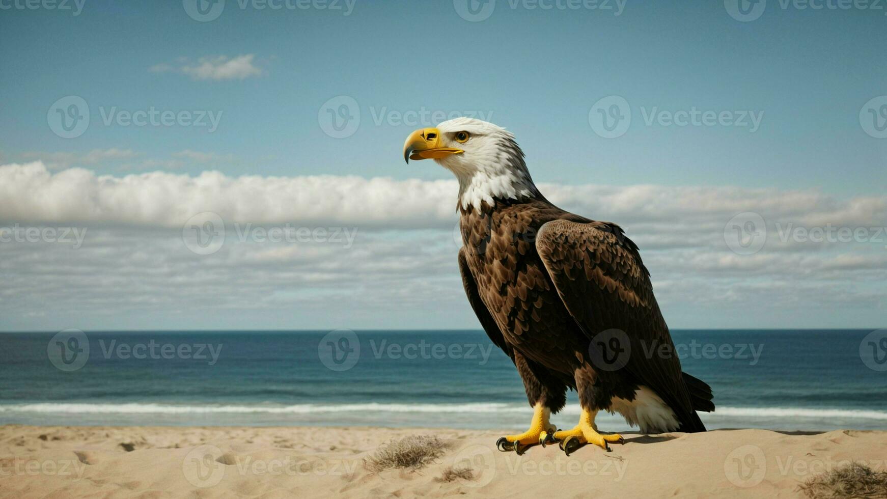 un hermosa verano día con azul cielo y un solitario de Steller mar águila terminado el playa ai generativo foto