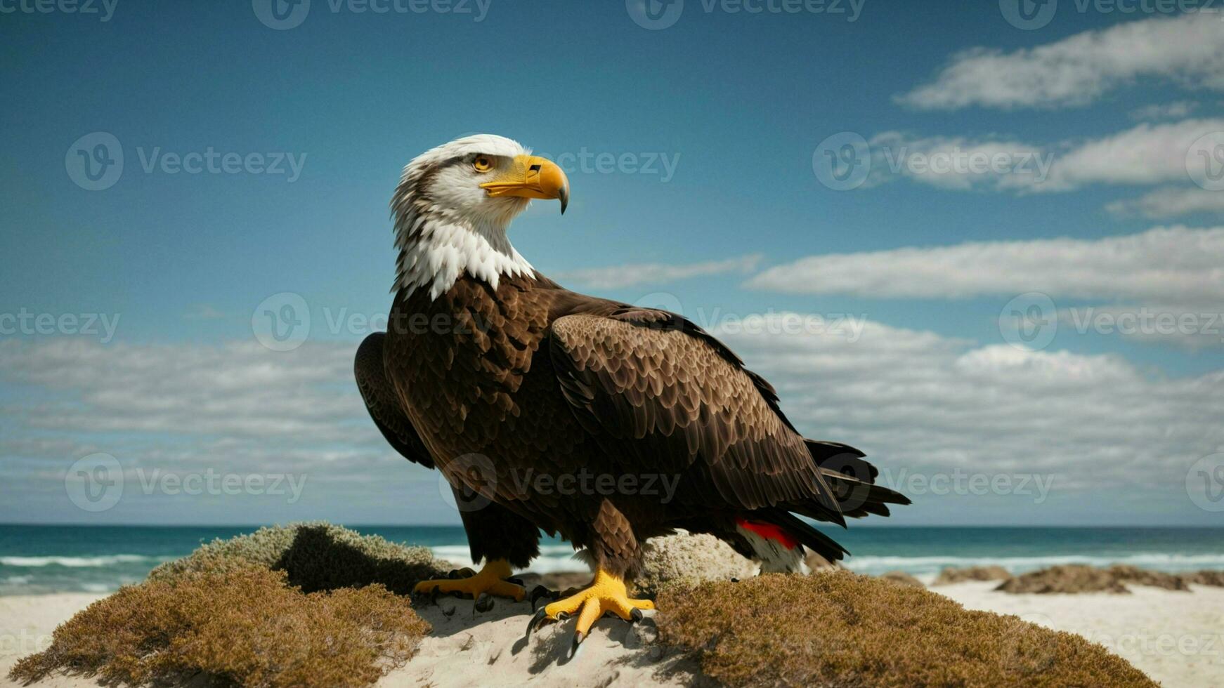 A beautiful summer day with blue sky and a lone Steller's sea eagle over the beach AI Generative photo