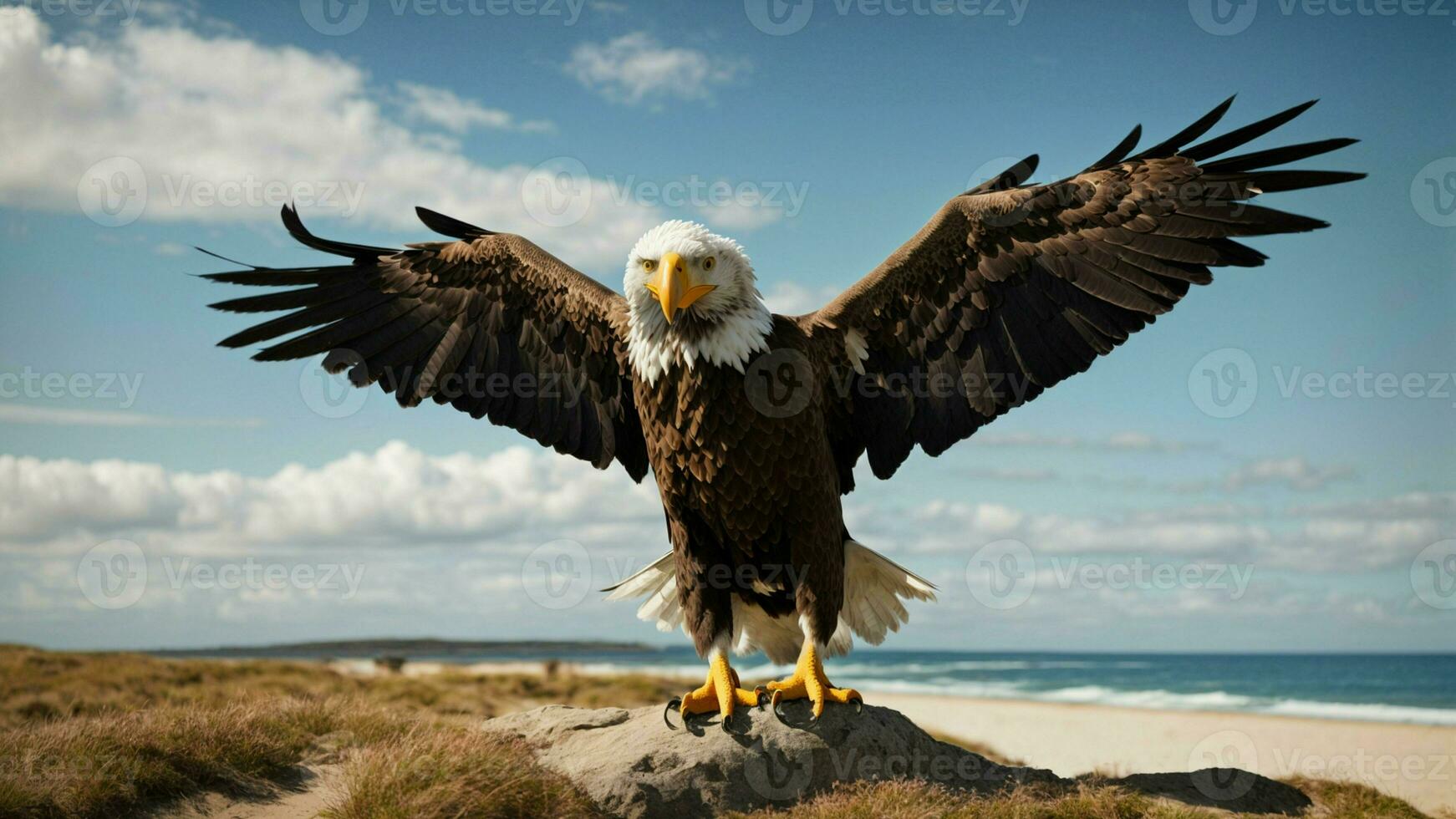 A beautiful summer day with blue sky and a lone Steller's sea eagle over the beach AI Generative photo