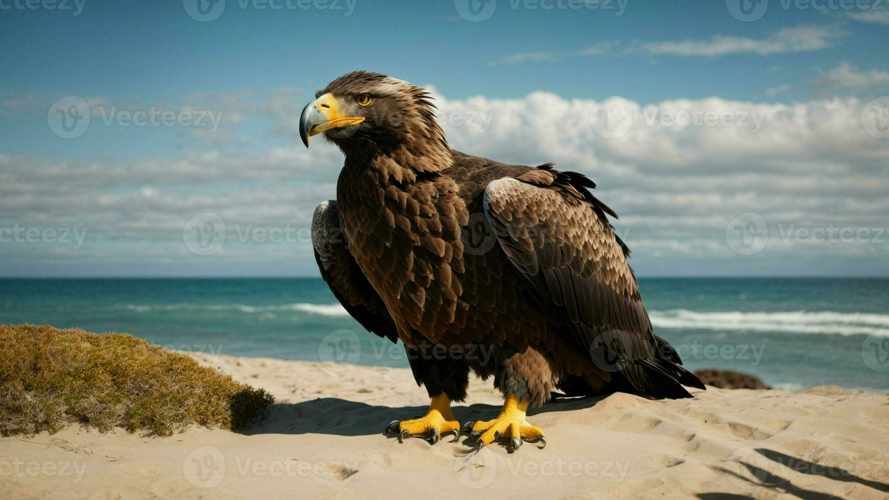 A beautiful summer day with blue sky and a lone Steller's sea eagle over the beach AI Generative photo