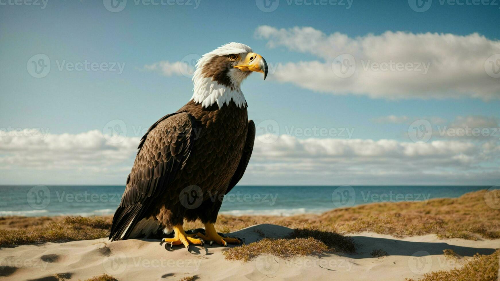 un hermosa verano día con azul cielo y un solitario de Steller mar águila terminado el playa ai generativo foto