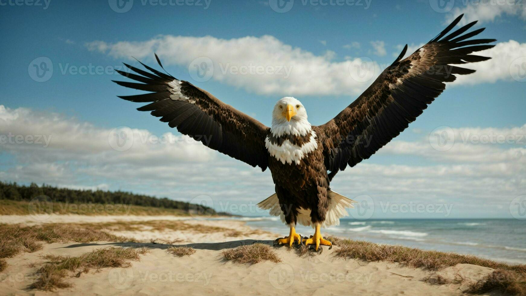 A beautiful summer day with blue sky and a lone Steller's sea eagle over the beach AI Generative photo