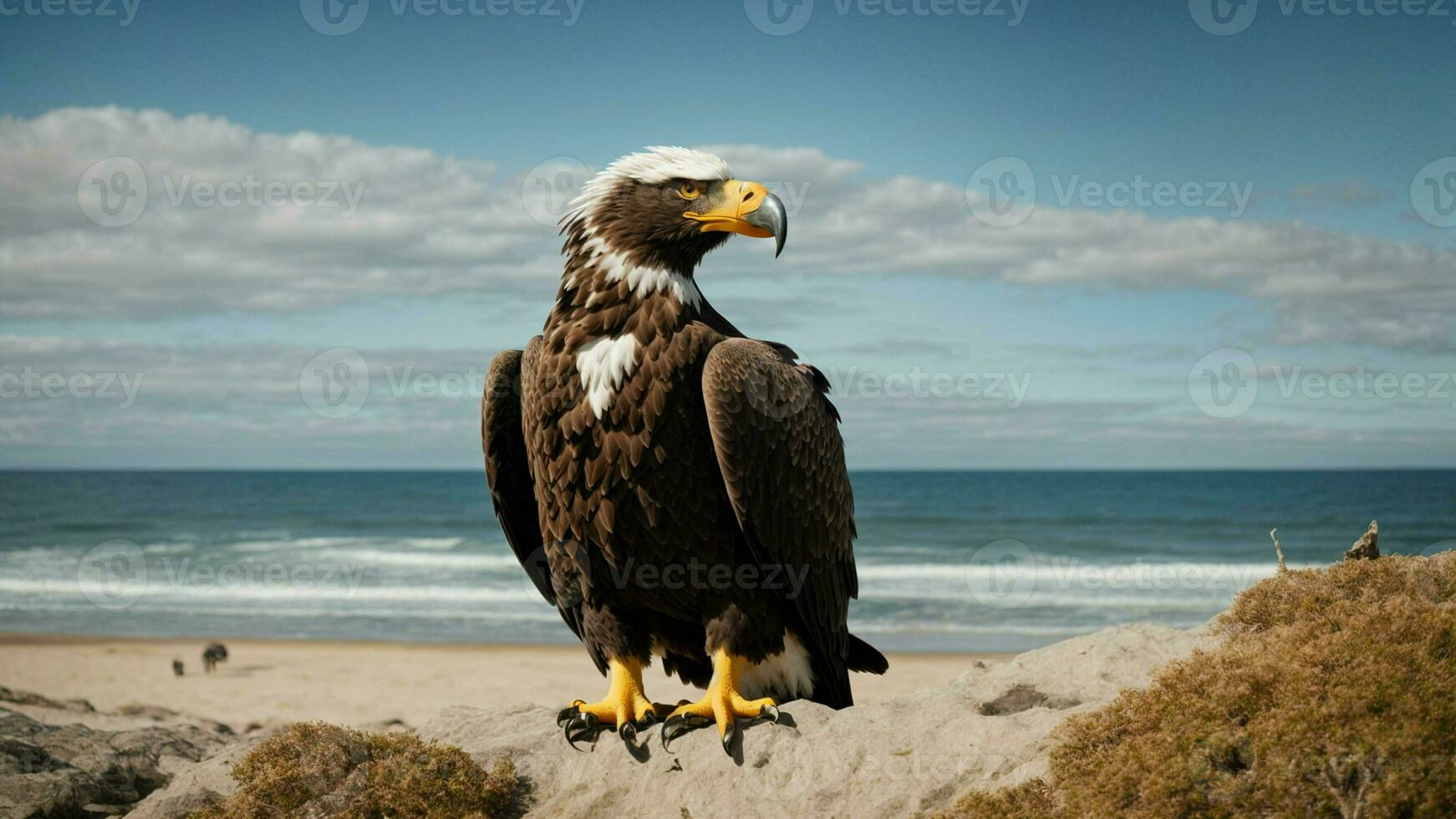 A beautiful summer day with blue sky and a lone Steller's sea eagle over the beach AI Generative photo