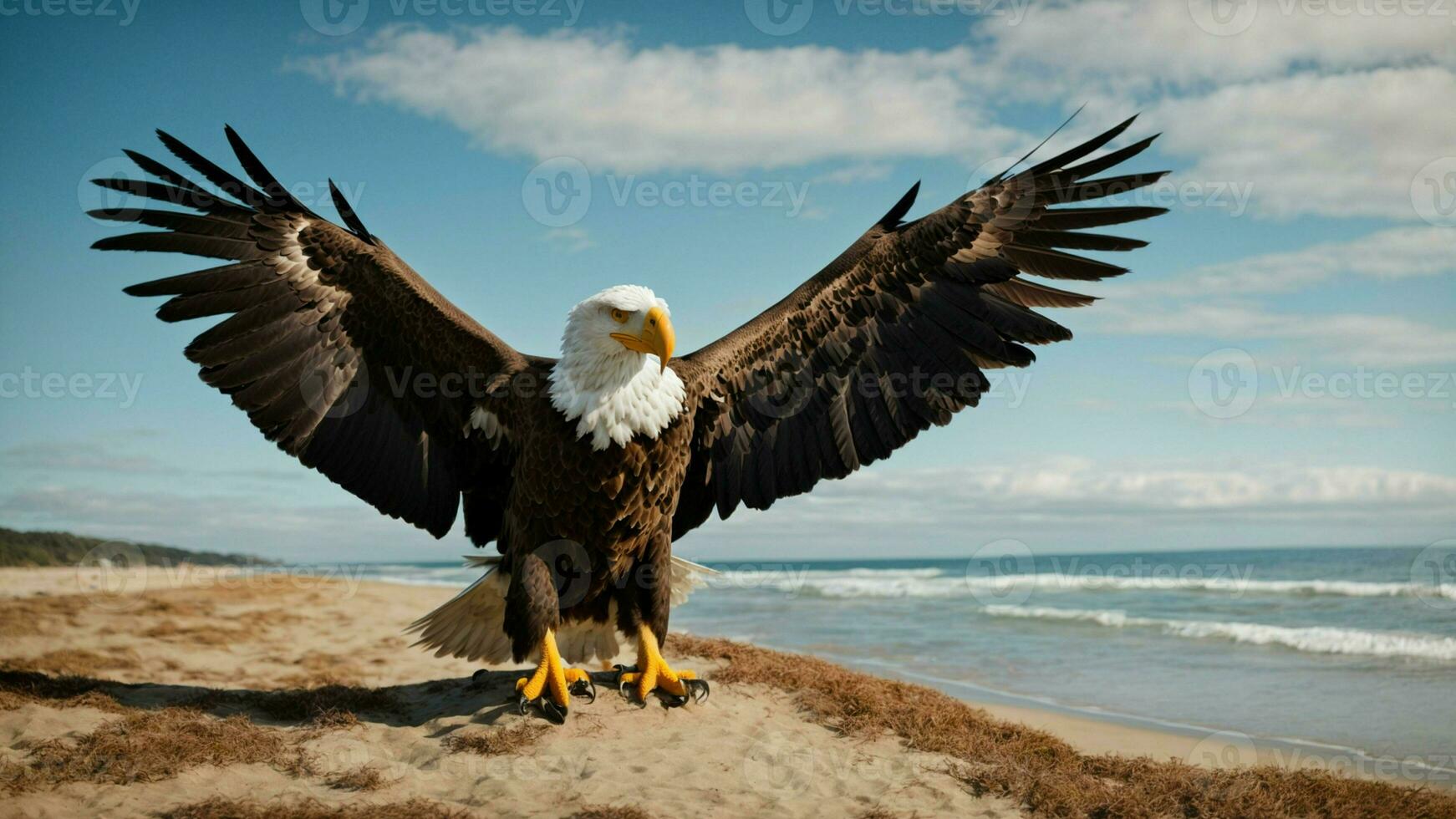 A beautiful summer day with blue sky and a lone Steller's sea eagle over the beach AI Generative photo