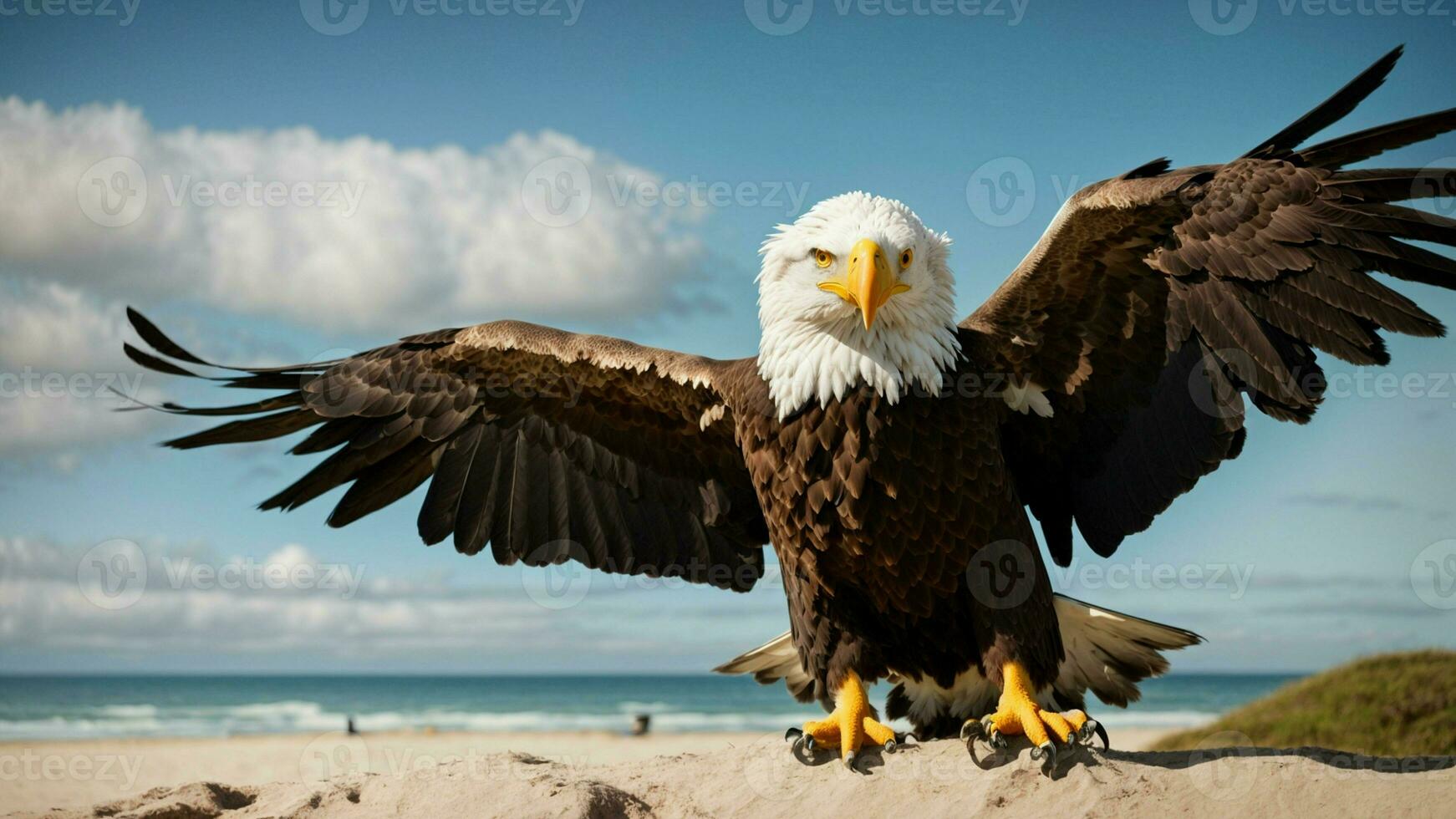 A beautiful summer day with blue sky and a lone Steller's sea eagle over the beach AI Generative photo