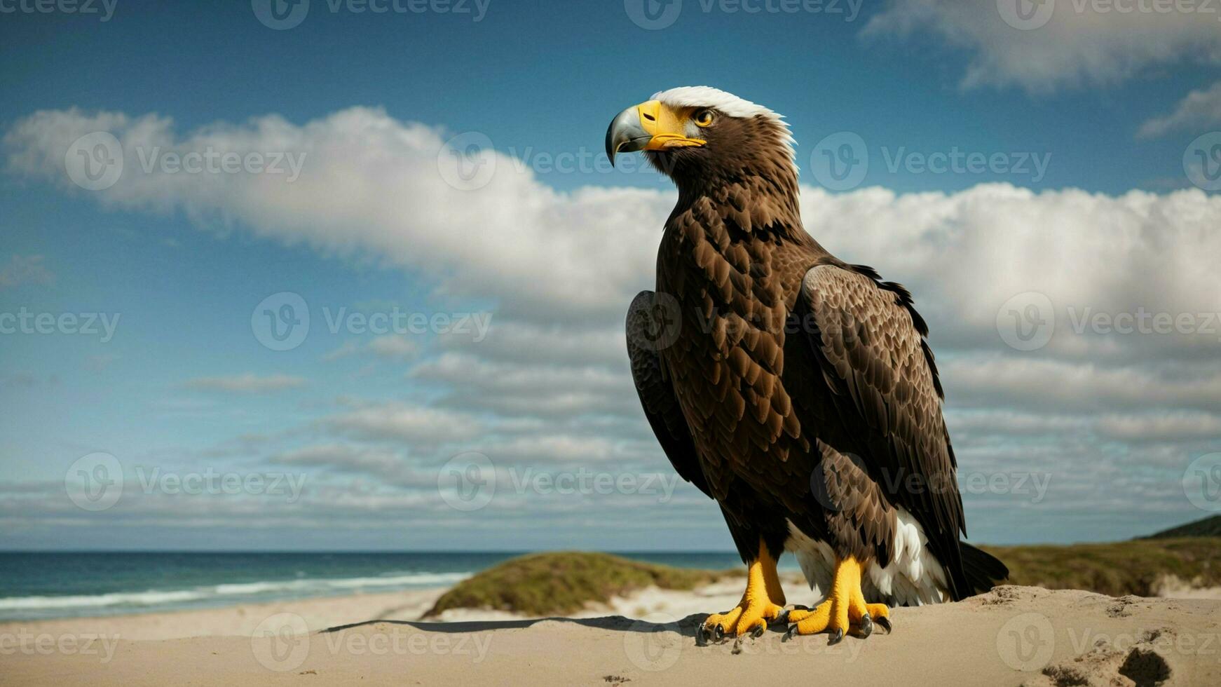 A beautiful summer day with blue sky and a lone Steller's sea eagle over the beach AI Generative photo