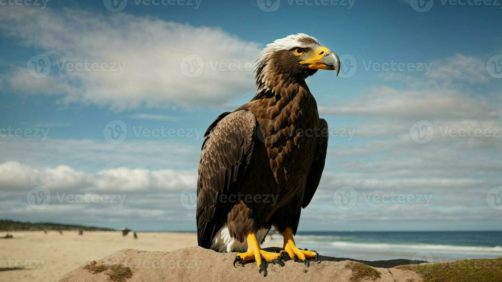 A beautiful summer day with blue sky and a lone Steller's sea eagle over the beach AI Generative photo