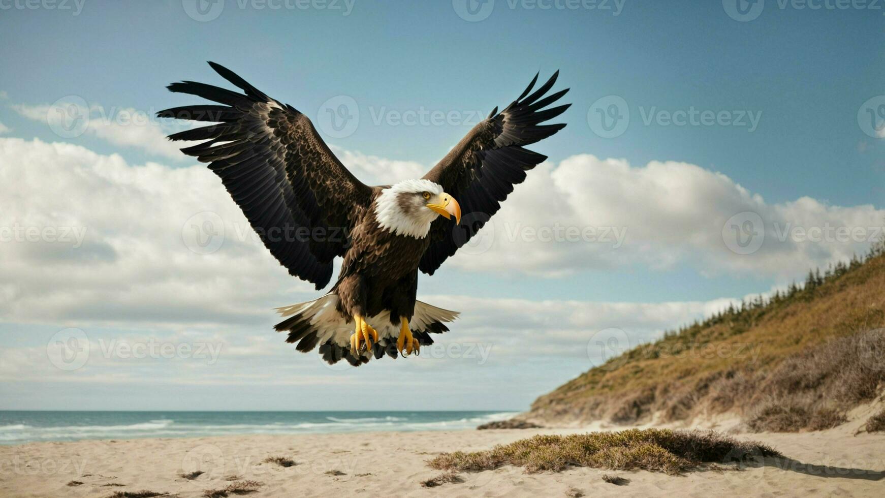 un hermosa verano día con azul cielo y un solitario de Steller mar águila terminado el playa ai generativo foto