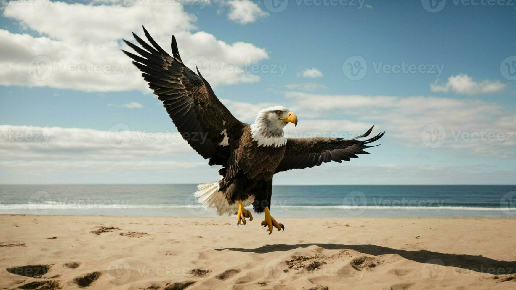 A beautiful summer day with blue sky and a lone Steller's sea eagle over the beach AI Generative photo