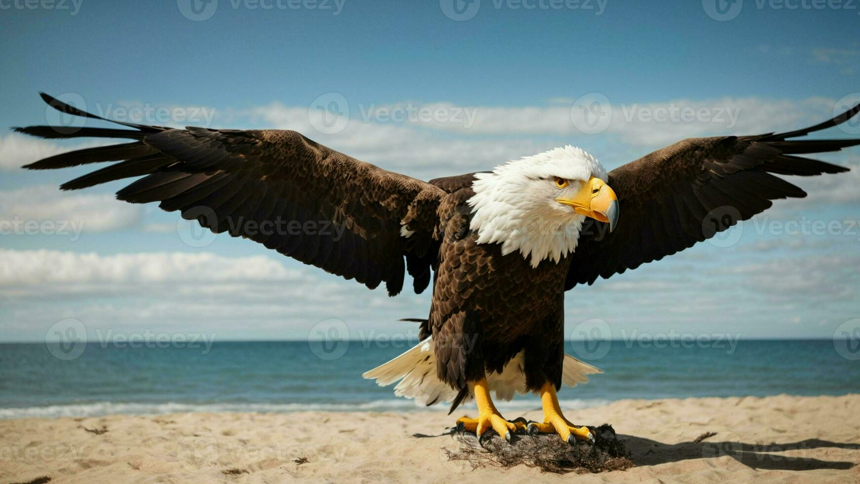 A beautiful summer day with blue sky and a lone Steller's sea eagle over the beach AI Generative photo