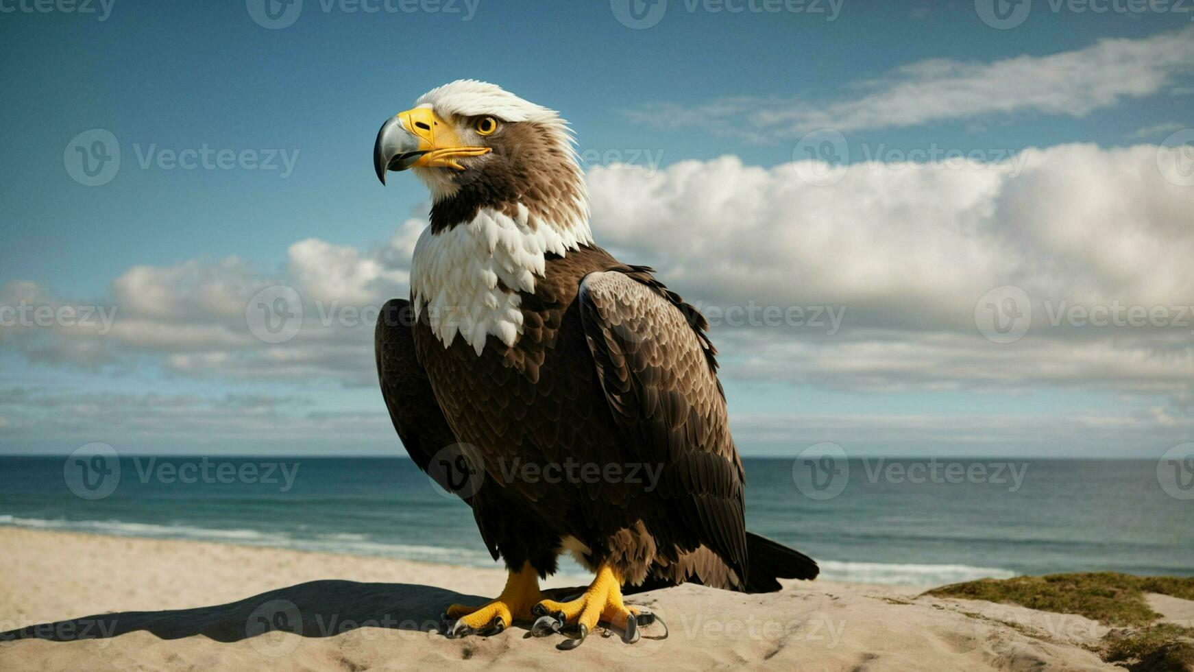 A beautiful summer day with blue sky and a lone Steller's sea eagle over the beach AI Generative photo