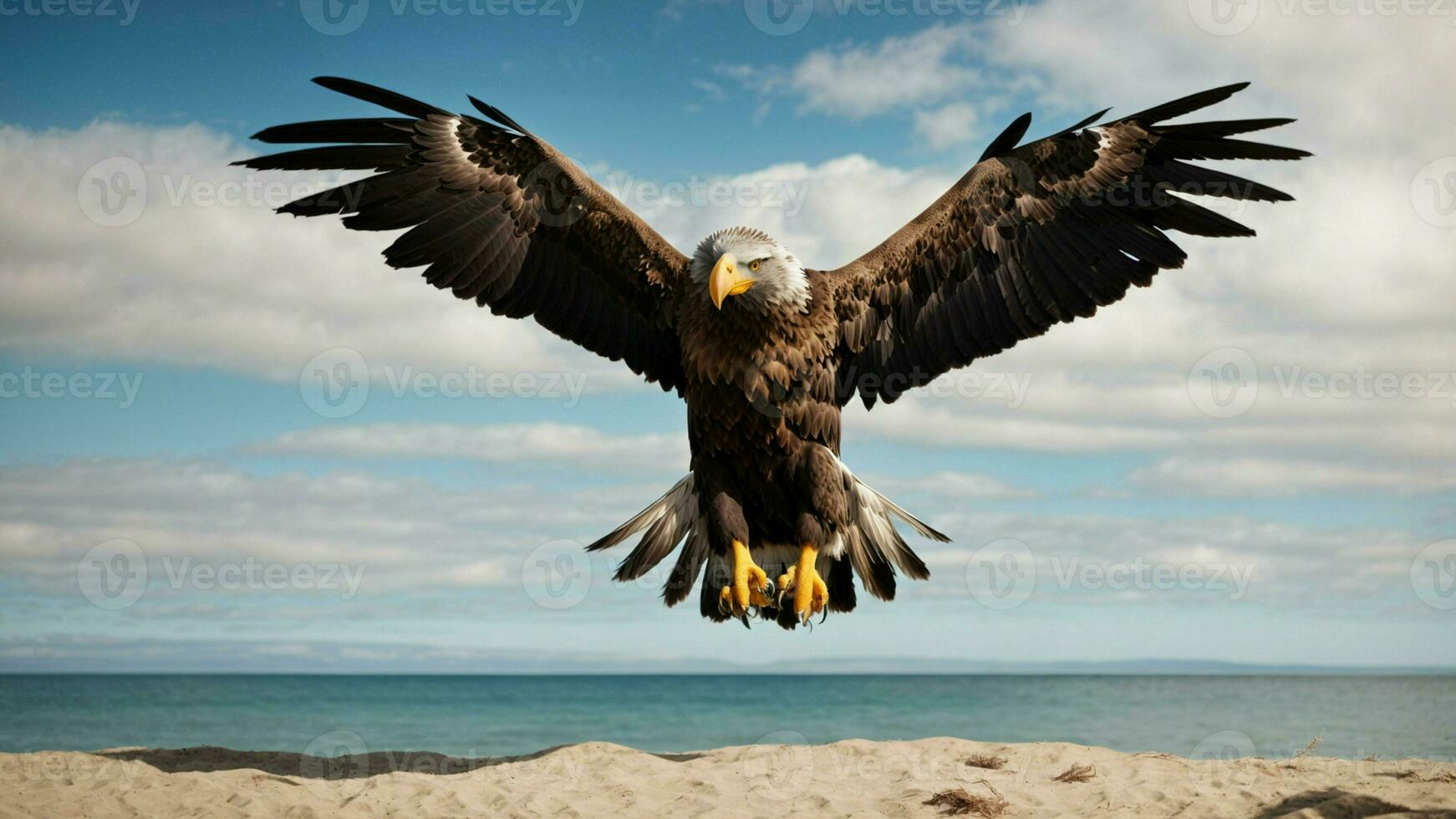A beautiful summer day with blue sky and a lone Steller's sea eagle over the beach AI Generative photo