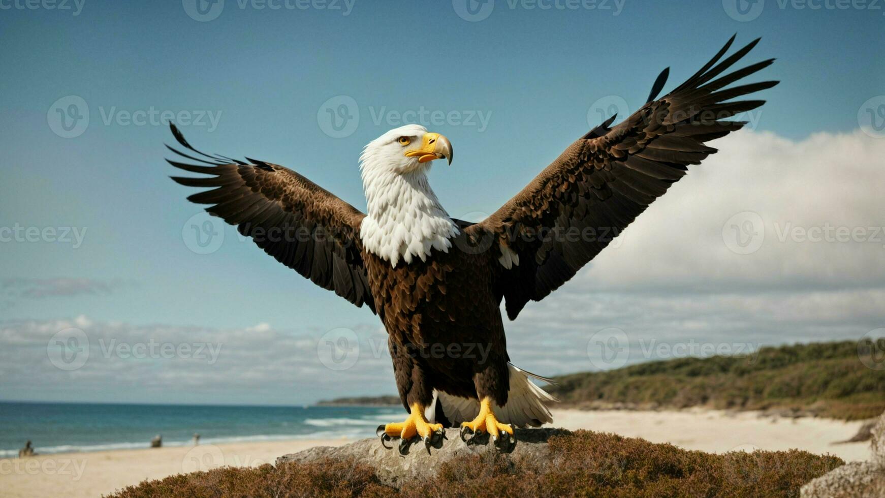 un hermosa verano día con azul cielo y un solitario de Steller mar águila terminado el playa ai generativo foto