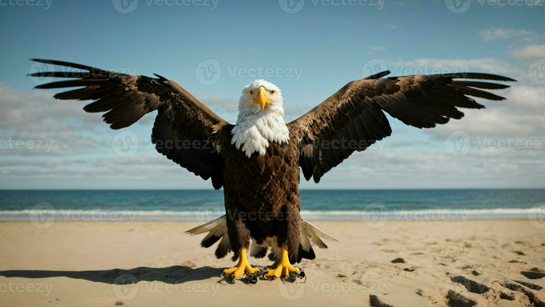 A beautiful summer day with blue sky and a lone Steller's sea eagle over the beach AI Generative photo