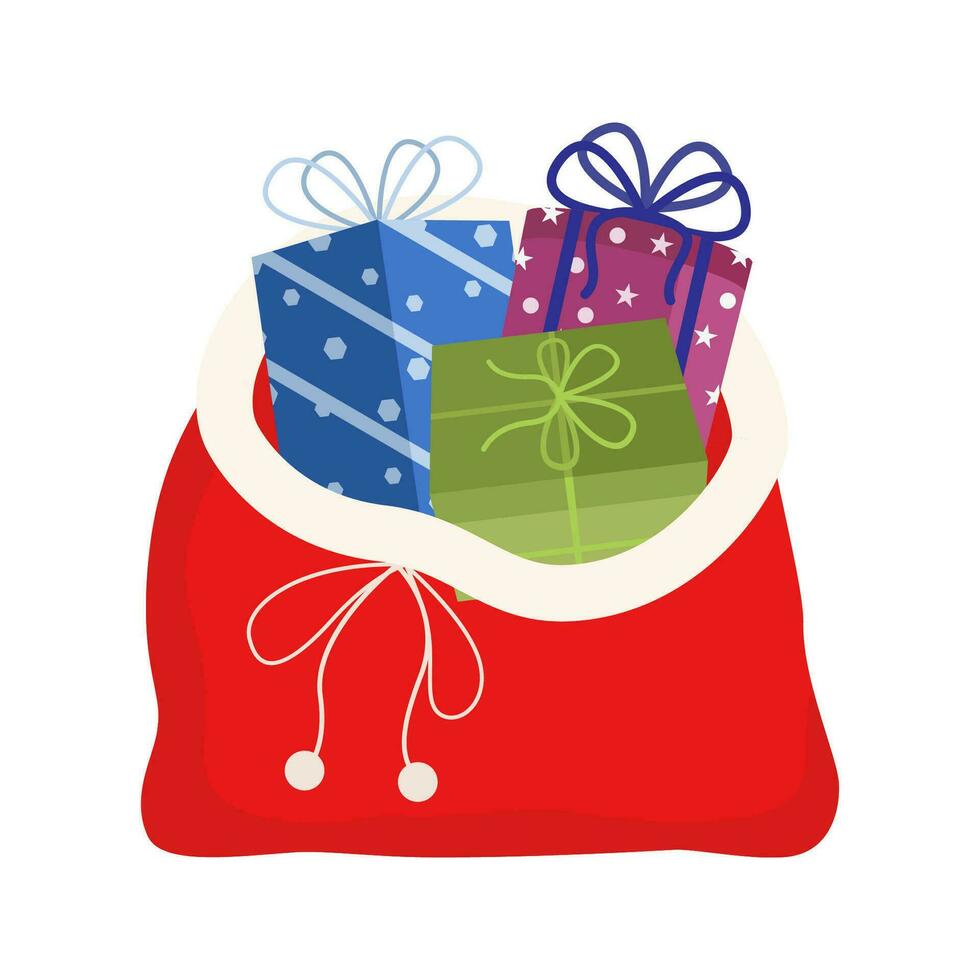 Red bag Santa Claus. Large sack holiday for gifts. Big bagful for New Year and Christmas vector. vector