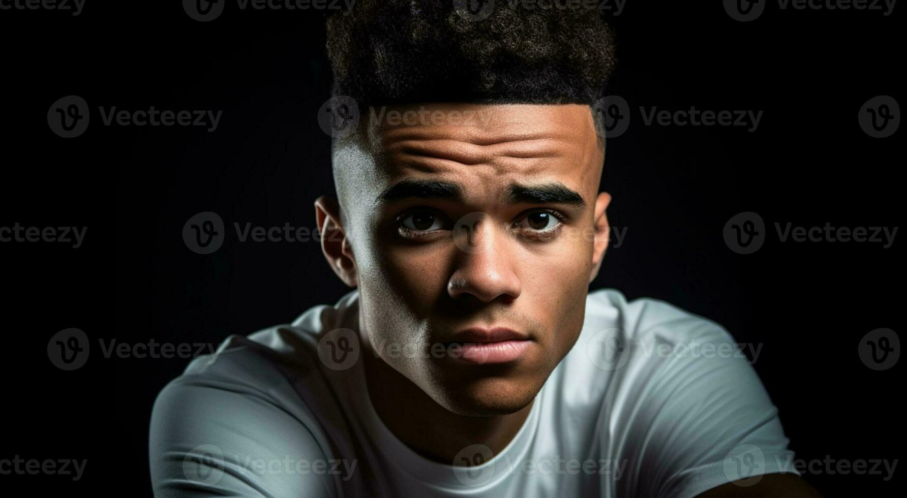 Portrait of a young handsome African American man in a white t-shirt on a black background. AI Generative photo