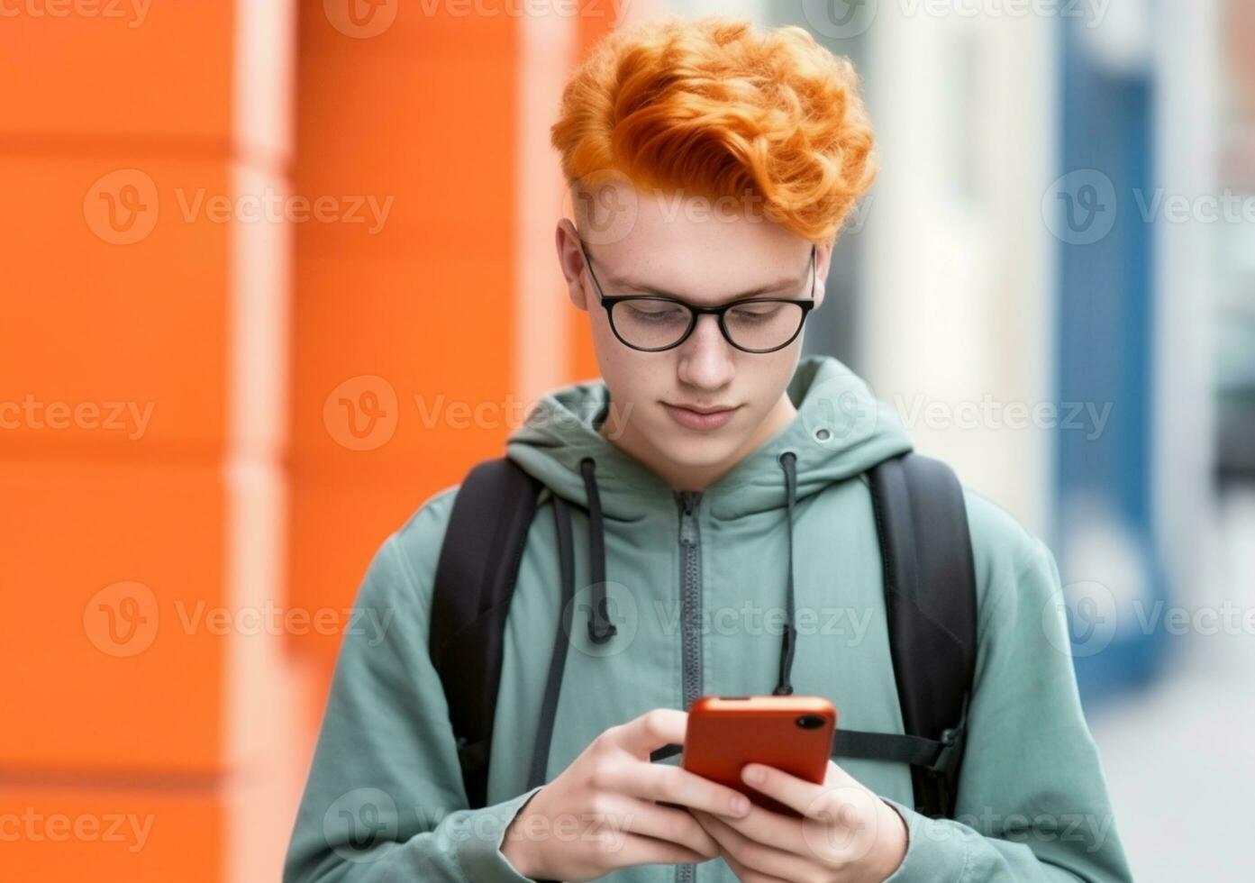 Stylish guy student uses smartphone on street. Concept of social networks and online communication. AI Generative photo