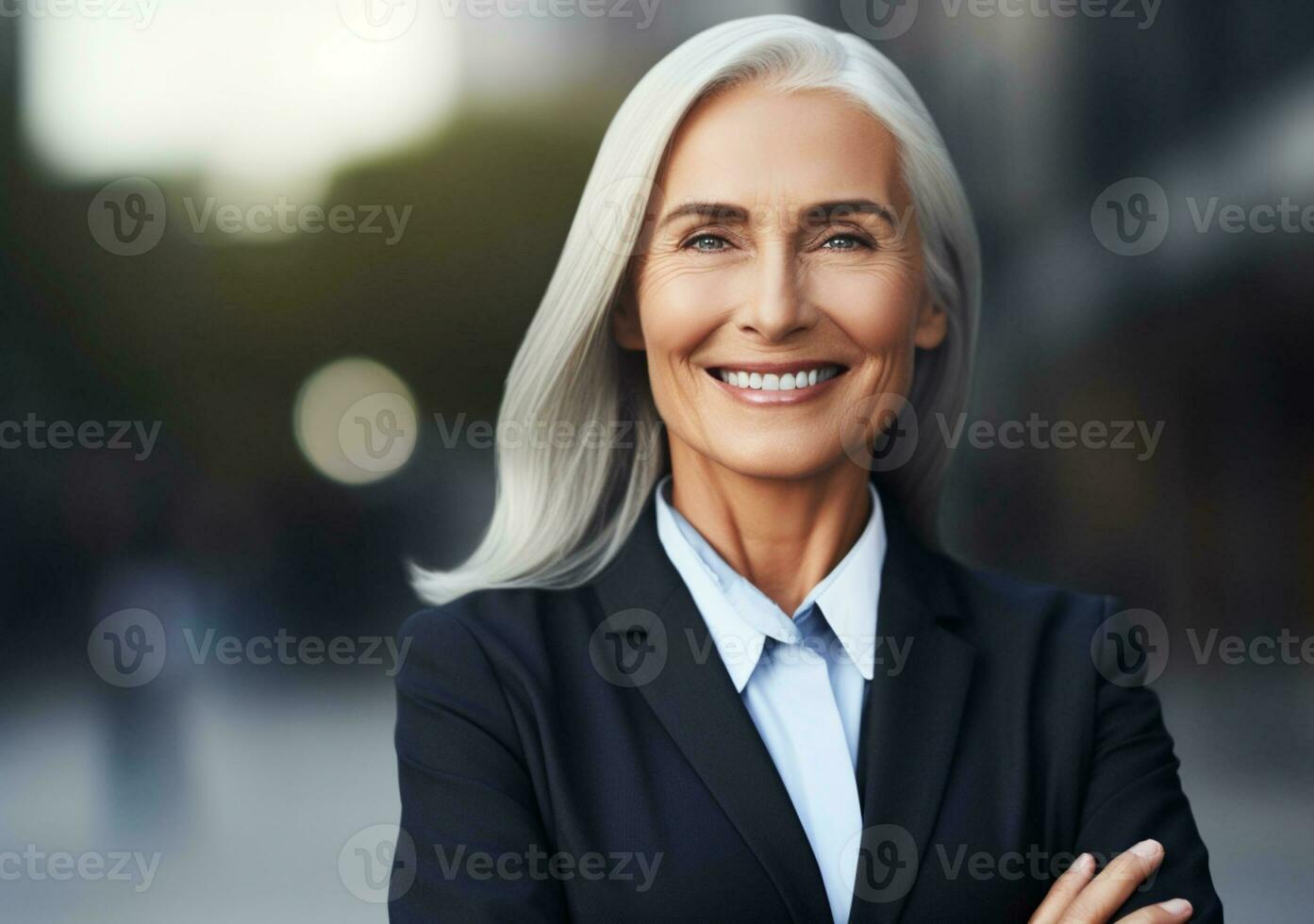 Happy woman in suit stands outdoors in front of office. Portrait of active confident middle-aged woman. AI Generative photo