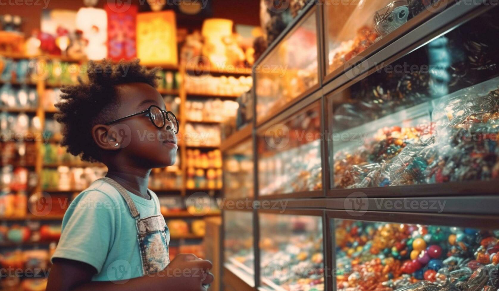 Cute African American boy in candy store. Child chooses sweets, variety and abundance. AI Generative photo