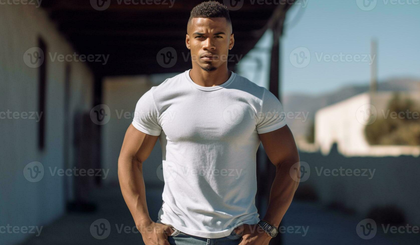 A young serious, self-confident African American male looks determined. Guy in white t-shirt outside. AI Generative photo