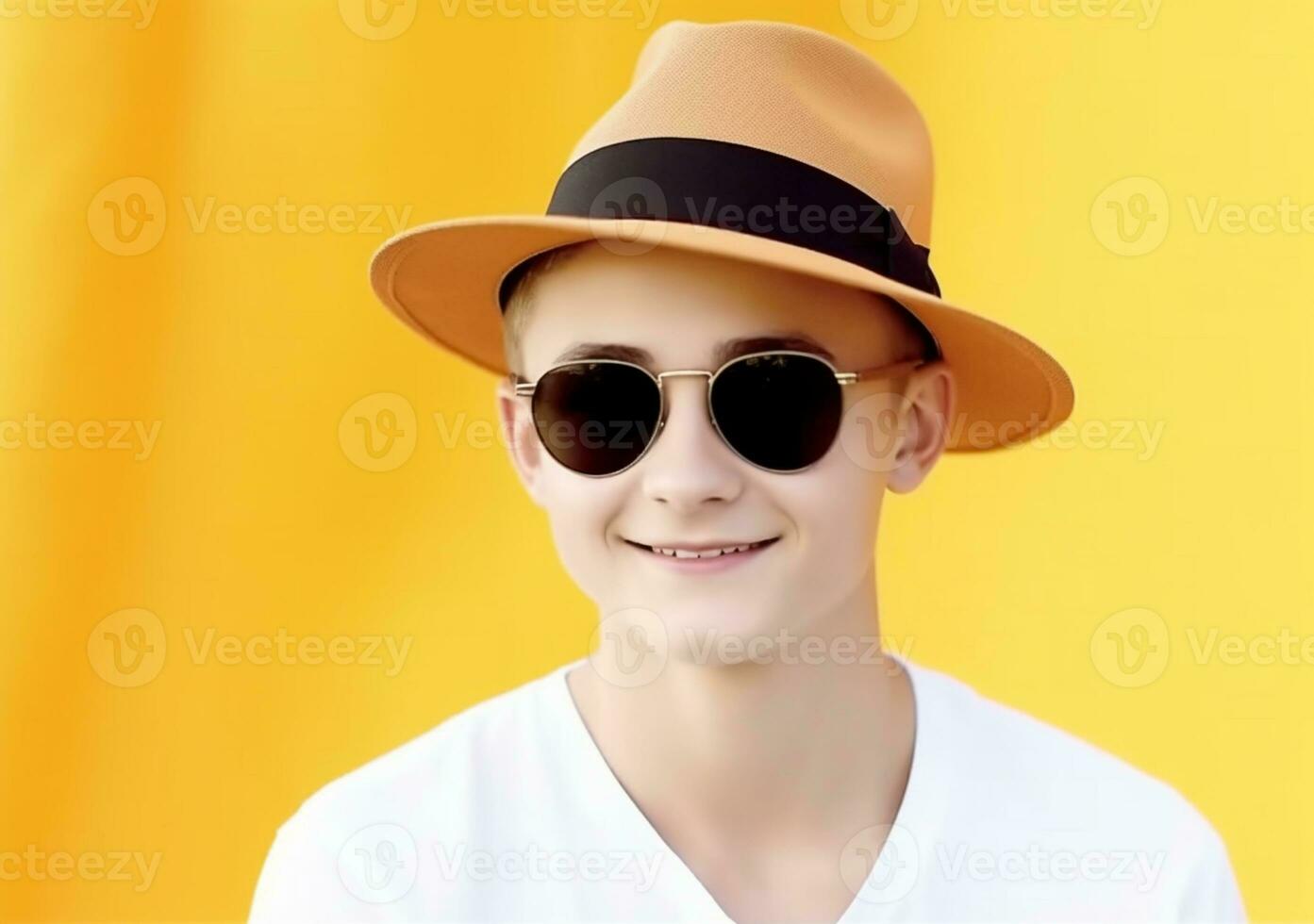 retrato de gracioso gracioso adolescente en Gafas de sol y un sombrero en un amarillo antecedentes. ai generativo foto