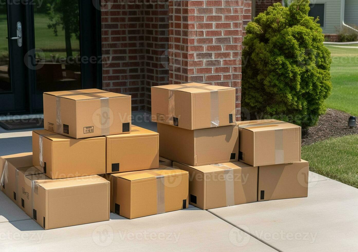 Parcels at door of an american house. Delivery service of Online Ordering. AI Generative photo