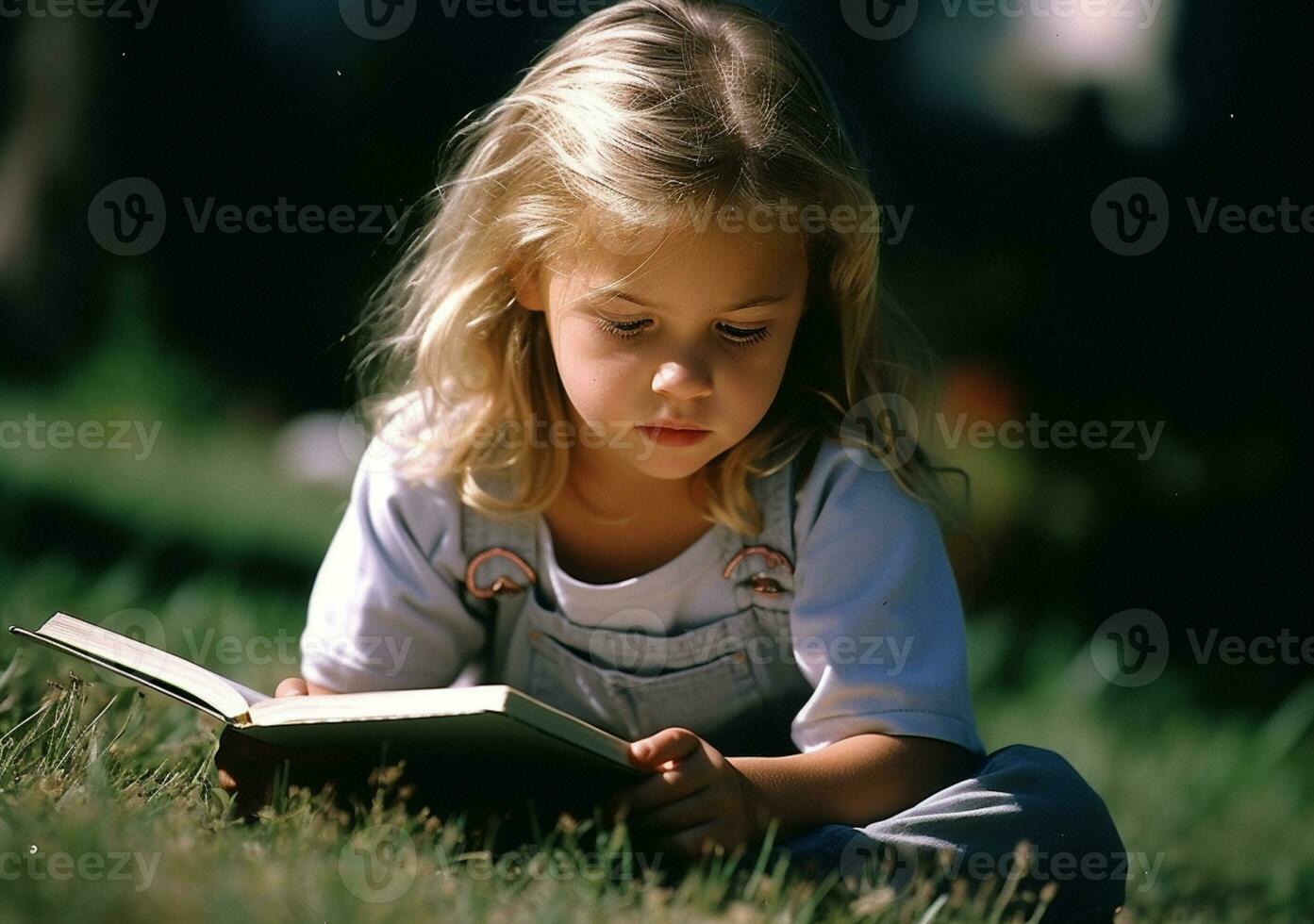 Cute little girl reads book sitting on grass in summer park. The concept of self-learning and development. AI Generative photo