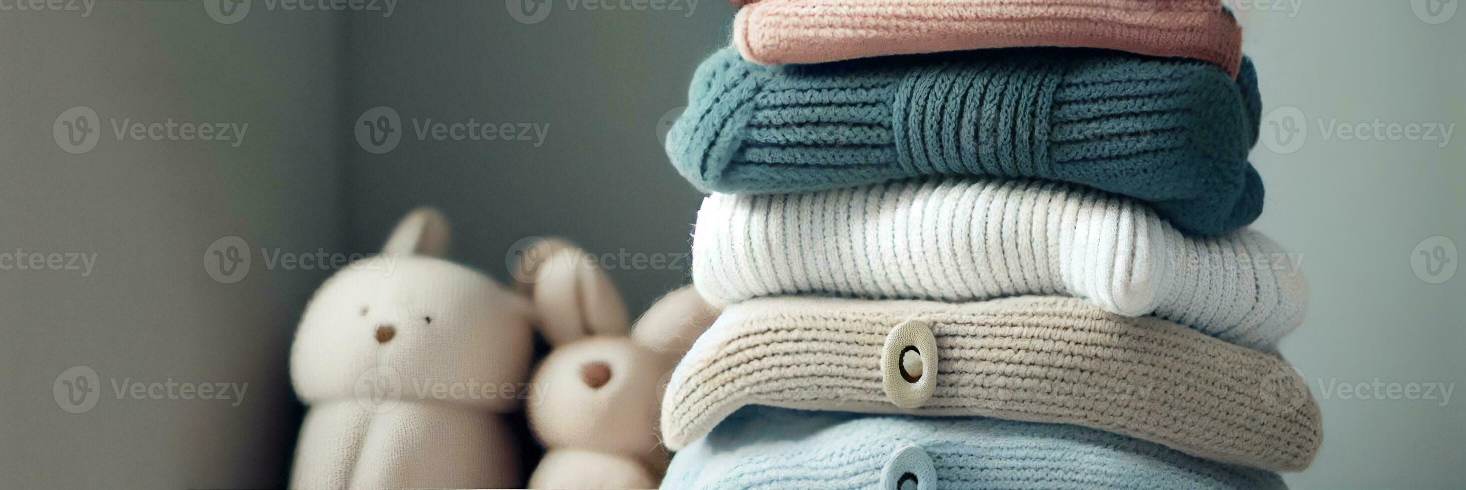 Banner with stack of folded wool knitted baby clothes or blankets. AI Generative. Warm cozy clothes. photo