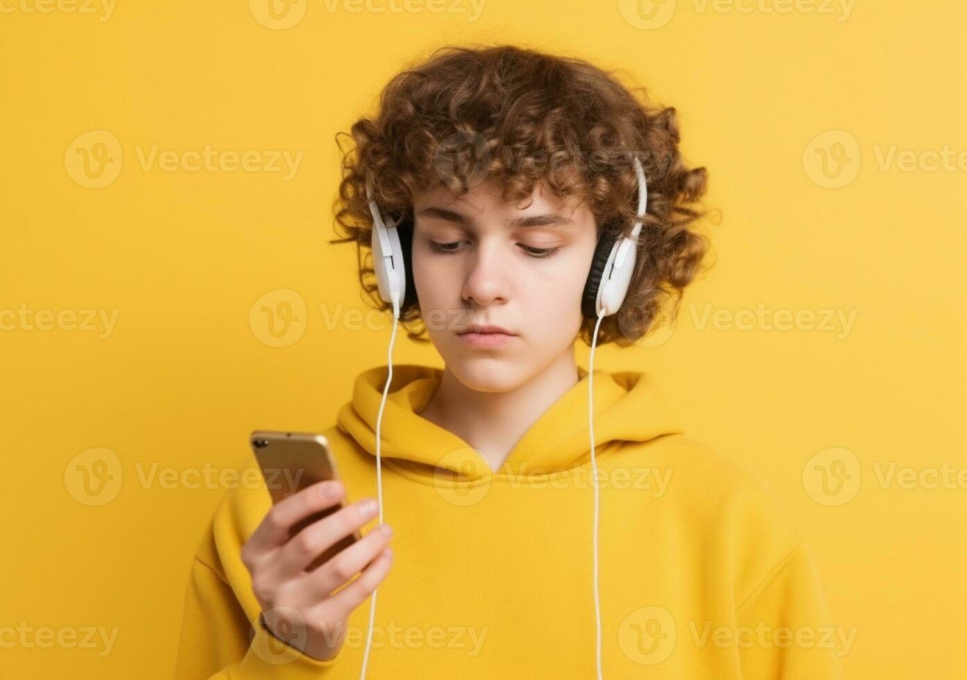 Teenager in yellow sweatshirt and headphones listens to music with smartphone in his hands. AI Generative. photo