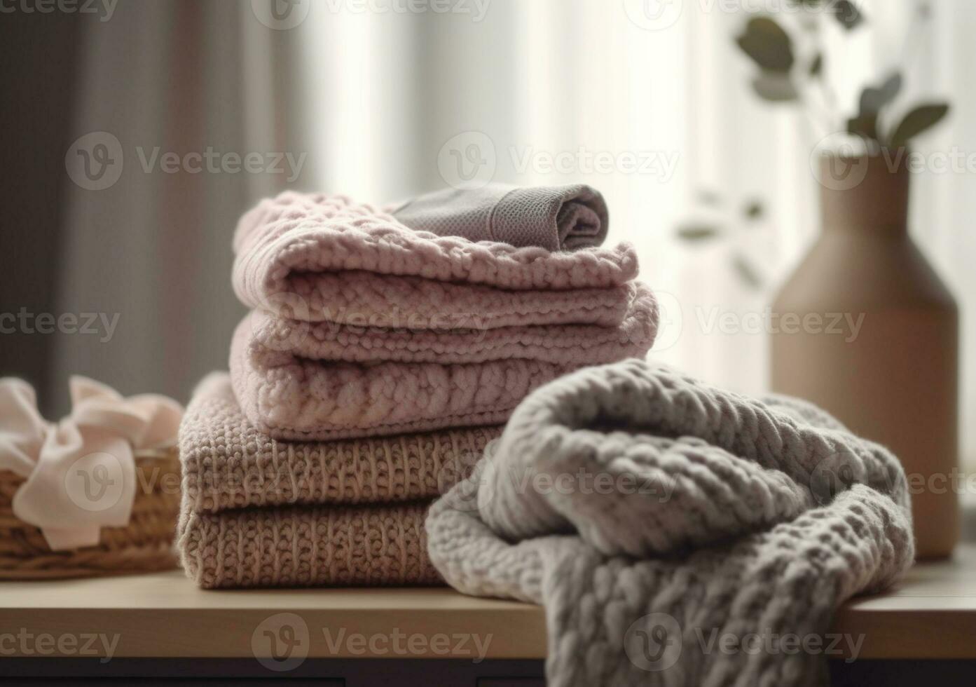 Stack of cotton and knitted colorful clothes on the table. Stacked and folded clean clothing. AI Generative photo