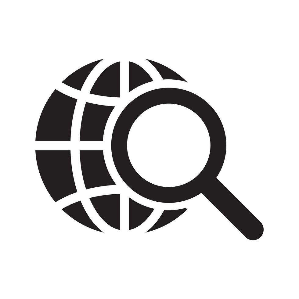 Magnifier and globe icon, search for a place on a map or on the globe icon. The icon of the magnifying glass and planet Earth. vector