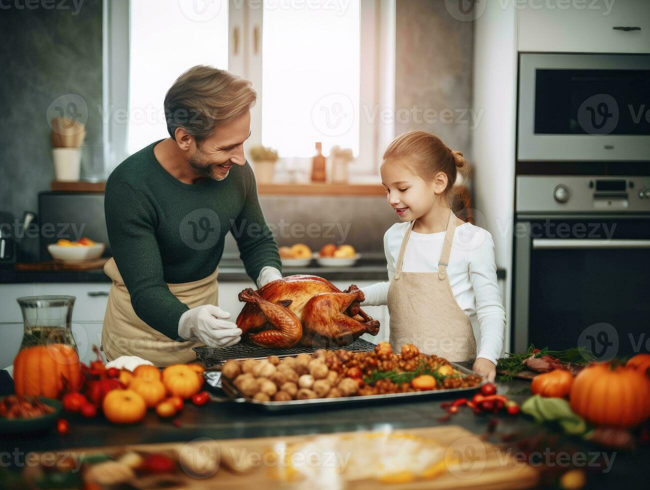 Happy Father and Daughter preparing Thanksgiving Dinner, AI Generative photo